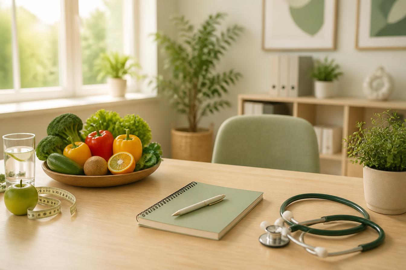 Consultório de nutrição com frutas, legumes e equipamentos de avaliação corporal